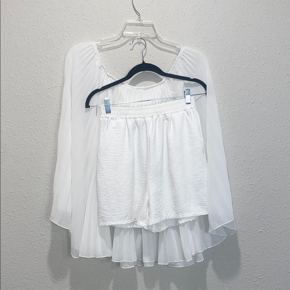 White Sheer Blouse and Shorts Set